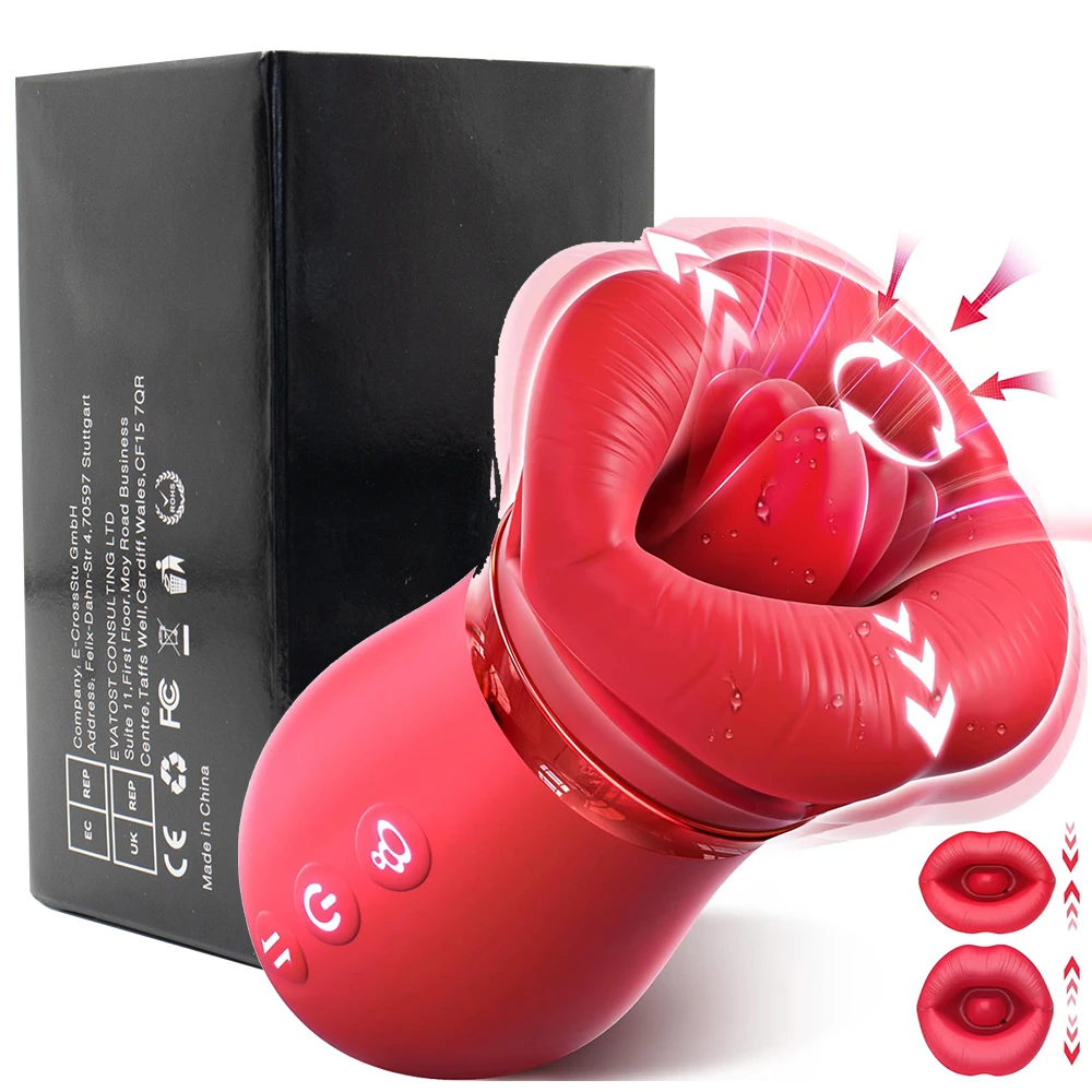Red rose-shaped mouth sucking vibrator and tongue licking stimulator for adult women.