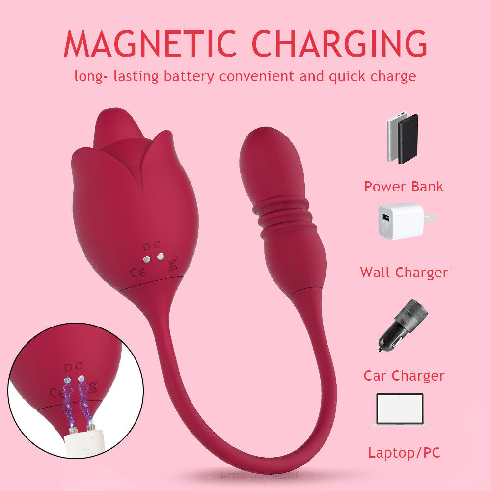 A red rose-shaped female masturbator with a licking tongue feature and a telescopic dildo attachment for dual stimulation.