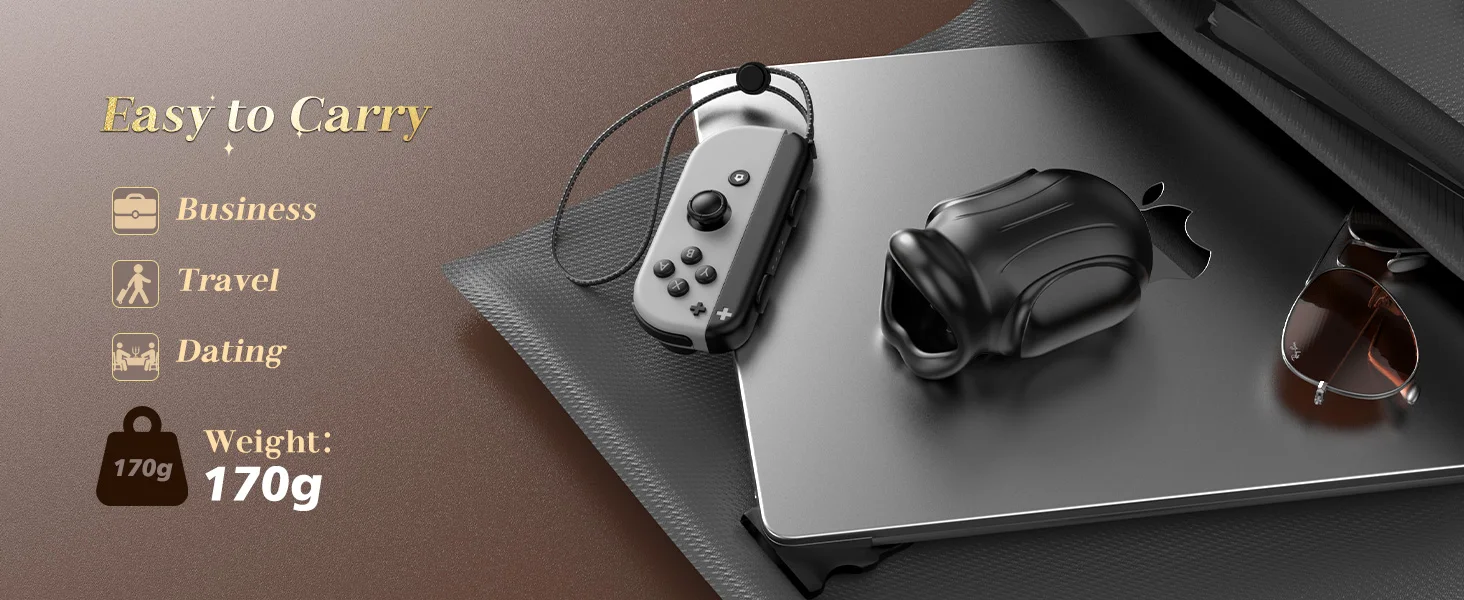 Close-up of a sleek black APP Control Male Masturbator showing the textured sucking mouth and ergonomic design for glans training.