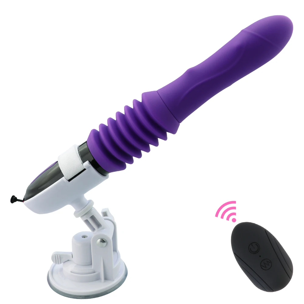 A large black automatic thrusting dildo vibrator with a wireless remote control for G-spot stimulation.