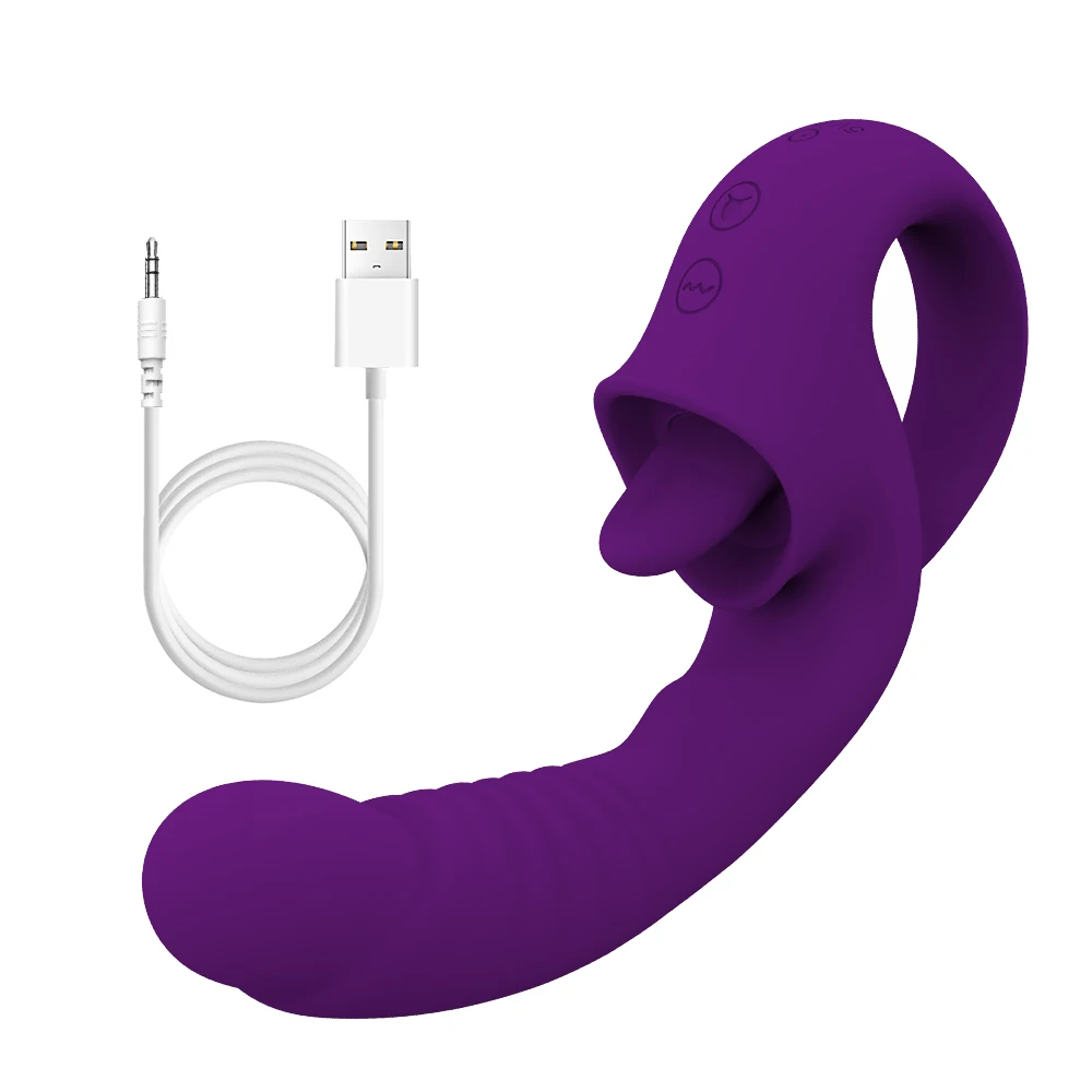 A realistic big dildo with a licking tongue attachment and textured surface for dual clitoral and G-spot stimulation.