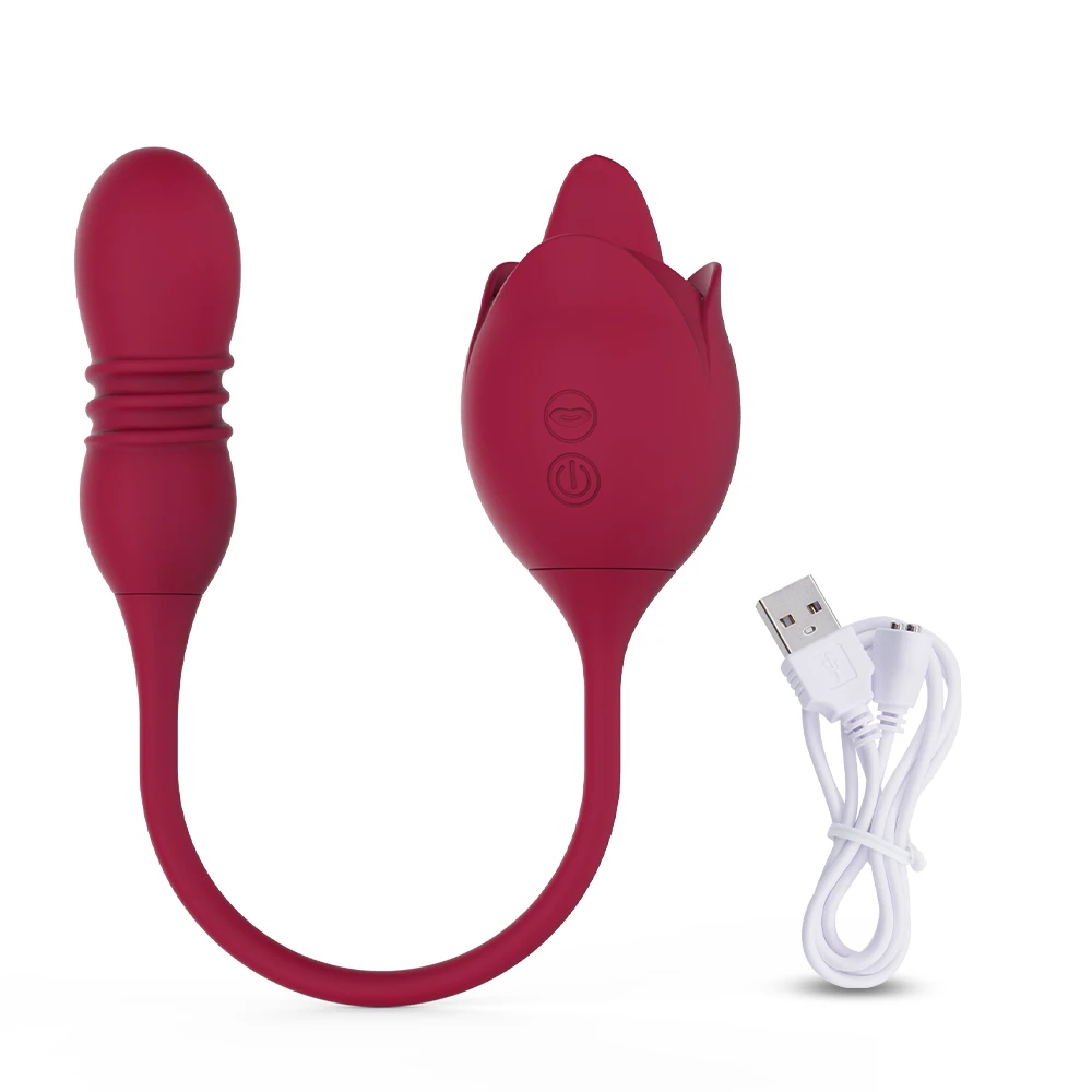 A red rose-shaped female masturbator with a licking tongue feature and a telescopic dildo attachment for dual stimulation.