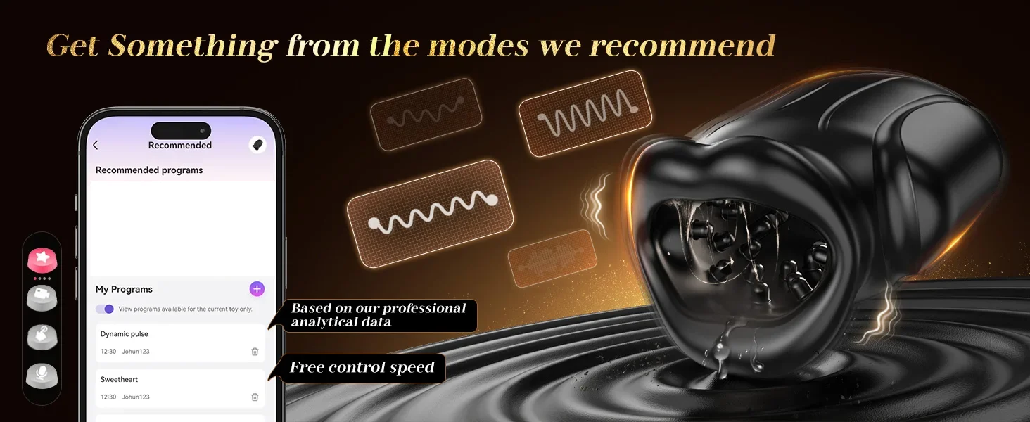 Close-up of a sleek black APP Control Male Masturbator showing the textured sucking mouth and ergonomic design for glans training.