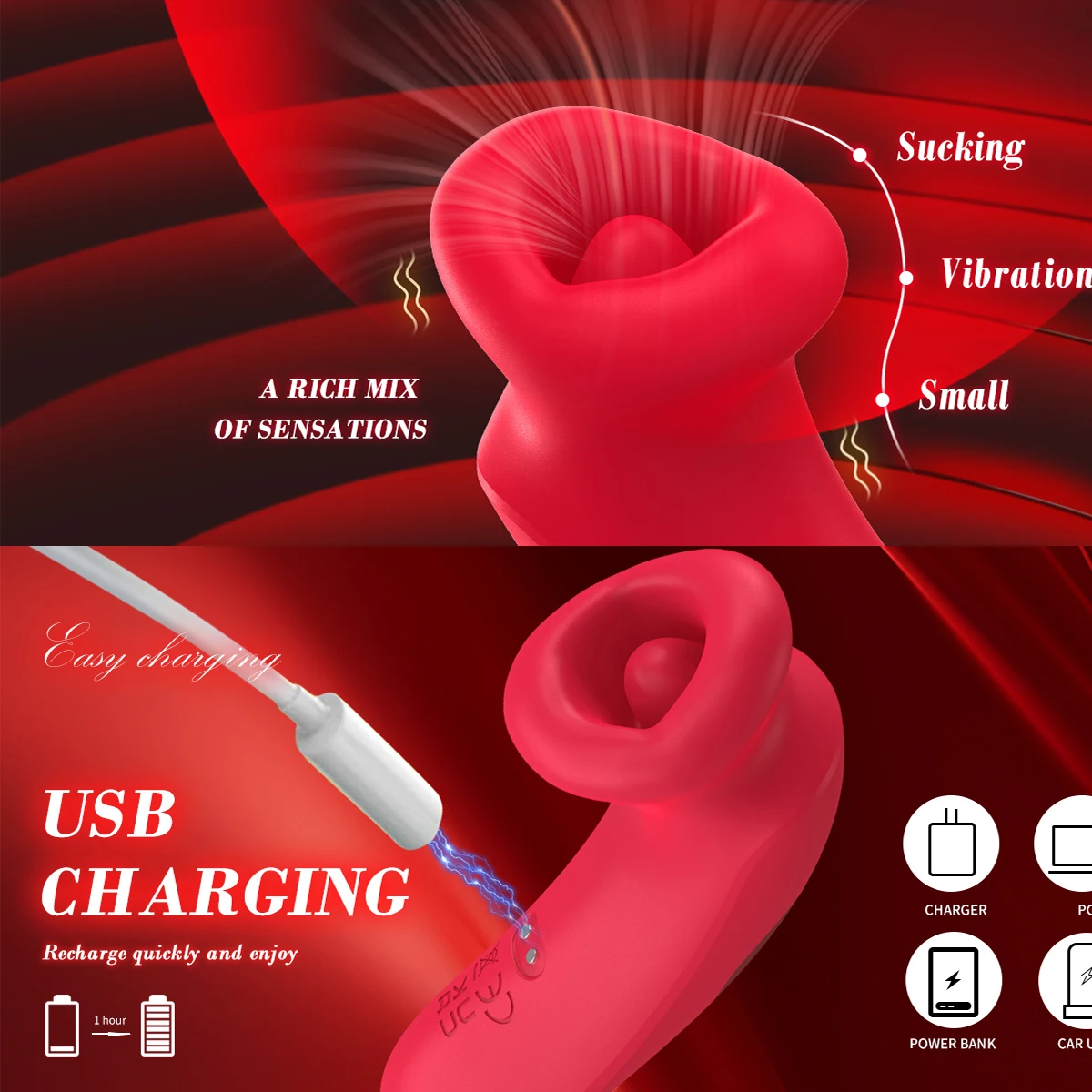 Red rose-shaped mouth sucking vibrator and tongue licking stimulator for adult women.