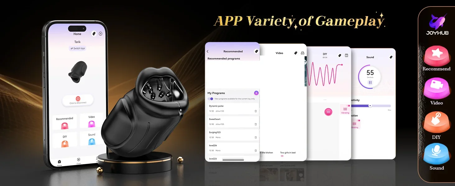 Close-up of a sleek black APP Control Male Masturbator showing the textured sucking mouth and ergonomic design for glans training.