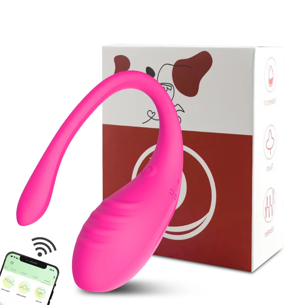 A sleek, purple wearable vibrating egg massager by Xlucia with a contoured design for G-spot and anal stimulation, shown next to a smartphone displaying the control app.