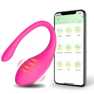 A sleek, purple wearable vibrating egg massager by Xlucia with a contoured design for G-spot and anal stimulation, shown next to a smartphone displaying the control app.