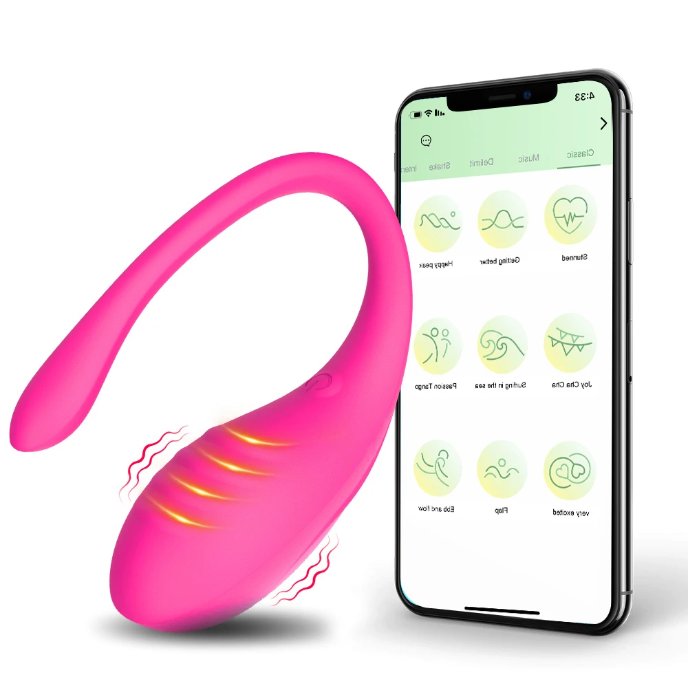 A sleek, purple wearable vibrating egg massager by Xlucia with a contoured design for G-spot and anal stimulation, shown next to a smartphone displaying the control app.