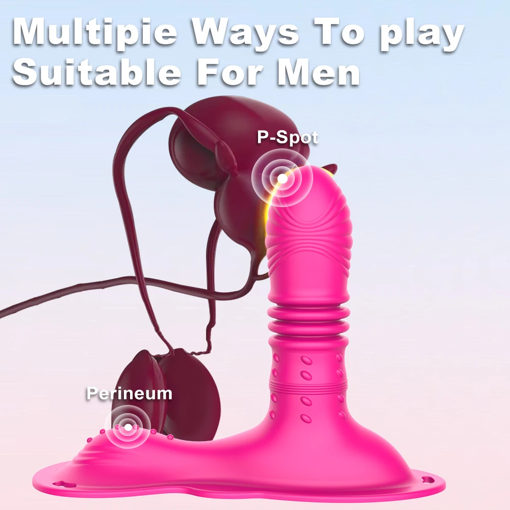 An ergonomic black sit and ride thrusting vibrator with clitoral stimulator and anal plug.