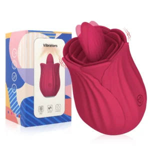 Red rose-shaped clitoral stimulator and G spot massager with a textured tongue licking tip for women.