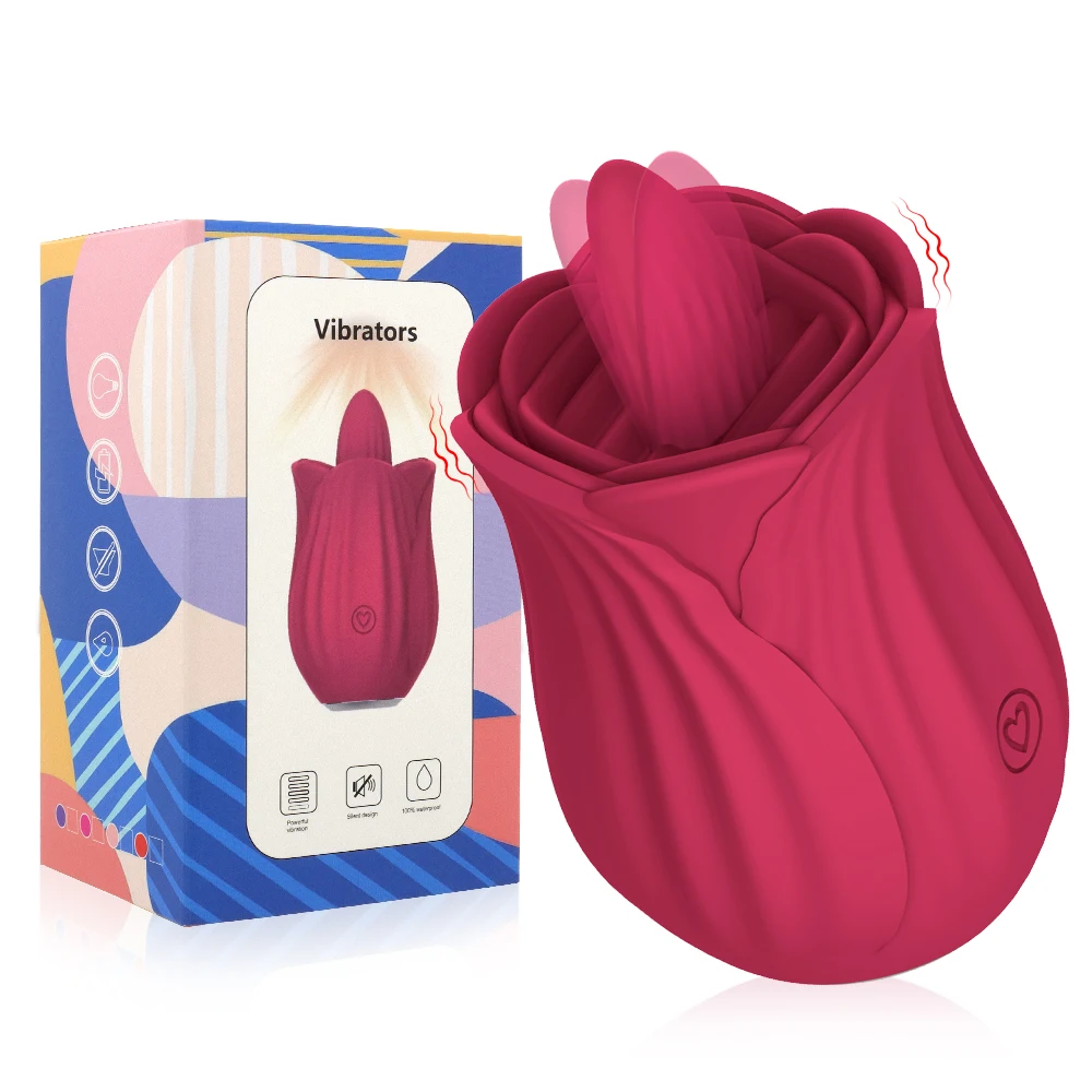 Red rose-shaped clitoral stimulator and G spot massager with a textured tongue licking tip for women.