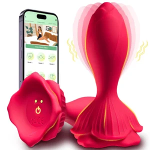 Red silicone vibrating rose butt plug with a tapered base and leaf detail for beginner-friendly APP controlled adult play.
