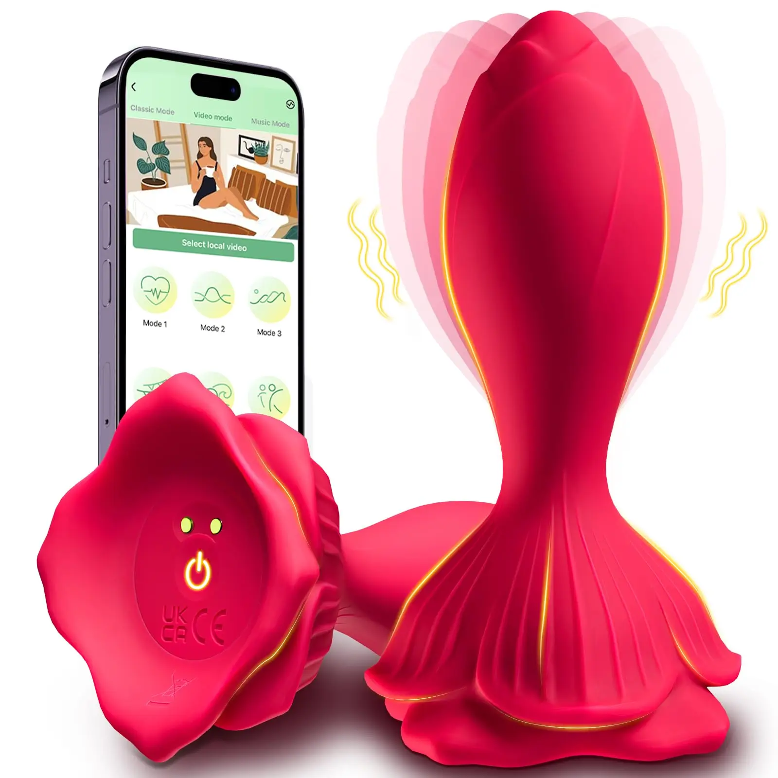 Red silicone vibrating rose butt plug with a tapered base and leaf detail for beginner-friendly APP controlled adult play.