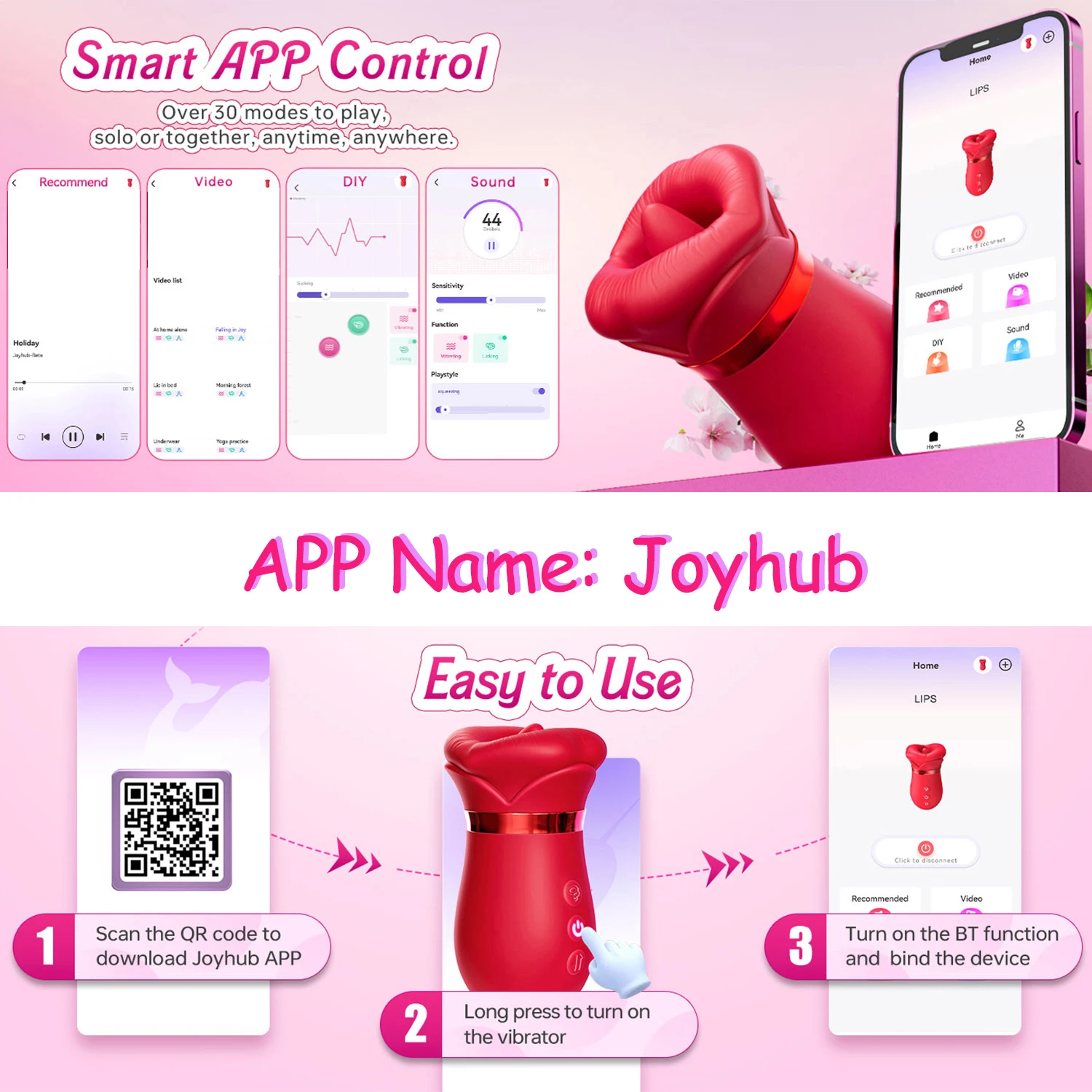 Red rose-shaped mouth sucking vibrator and tongue licking stimulator for adult women.