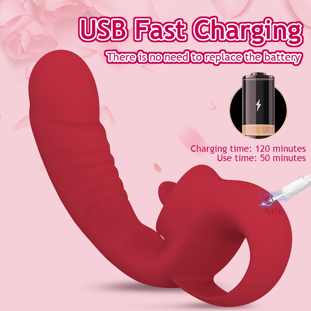 A realistic big dildo with a licking tongue attachment and textured surface for dual clitoral and G-spot stimulation.