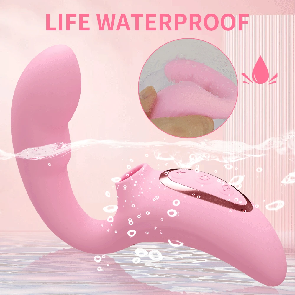 Close-up of a pink 15-mode heating clitoral sucking vibrator and vacuum stimulator dildo.
