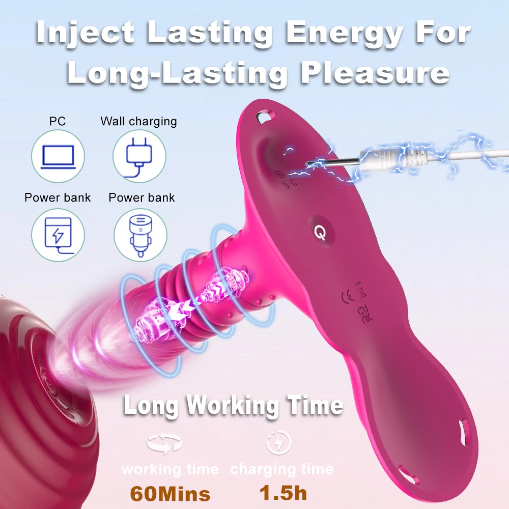 An ergonomic black sit and ride thrusting vibrator with clitoral stimulator and anal plug.
