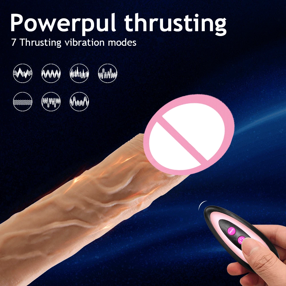 Remote control thrusting realistic dildo with suction cup and telescopic G-spot stimulator features.