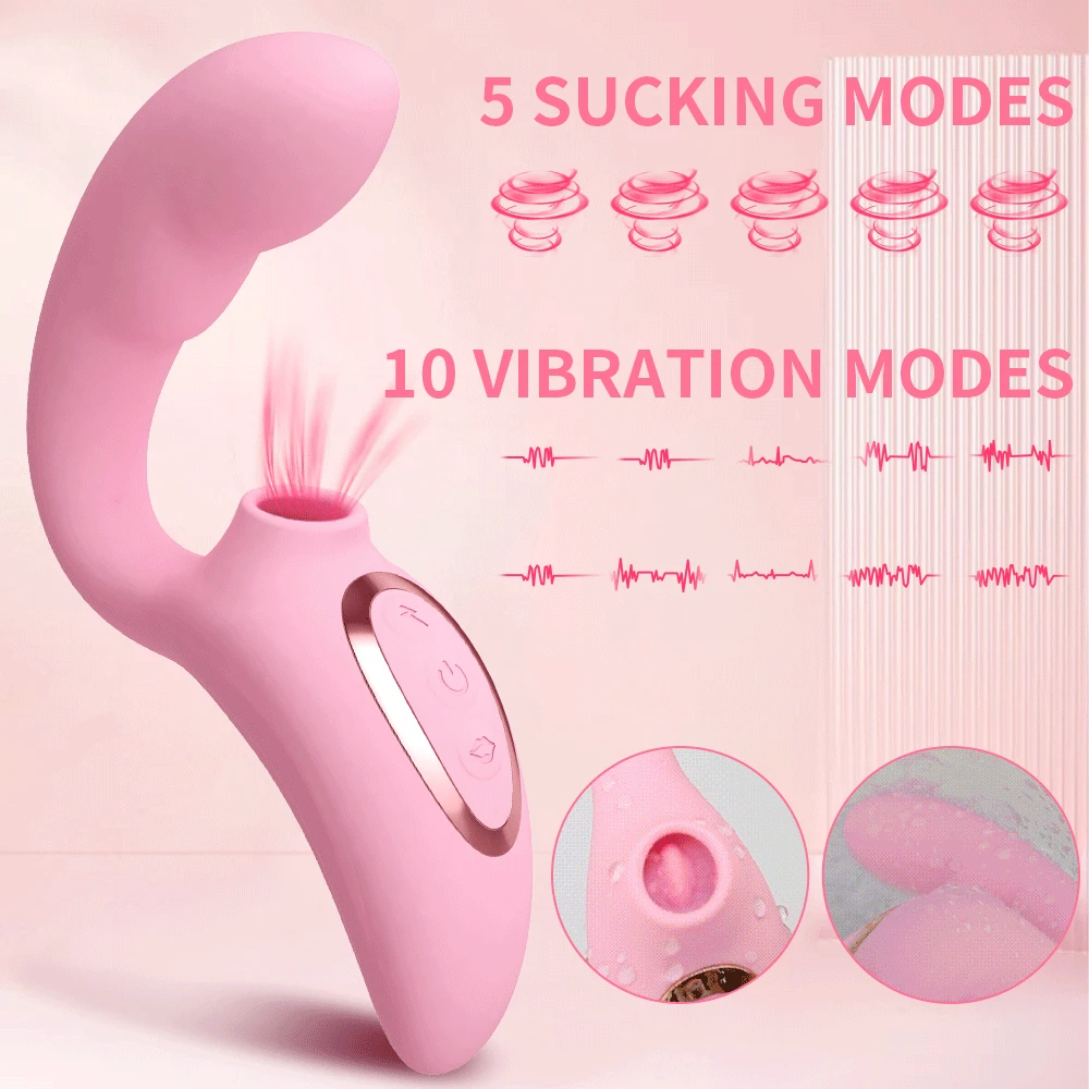 Close-up of a pink 15-mode heating clitoral sucking vibrator and vacuum stimulator dildo.