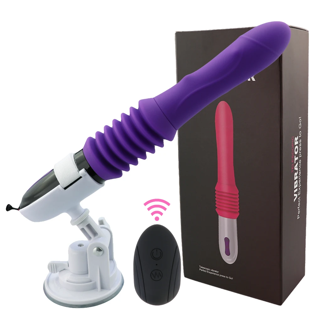 A large black automatic thrusting dildo vibrator with a wireless remote control for G-spot stimulation.