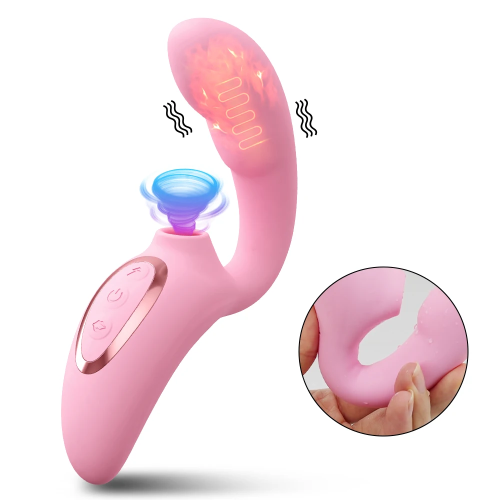 Close-up of a pink 15-mode heating clitoral sucking vibrator and vacuum stimulator dildo.