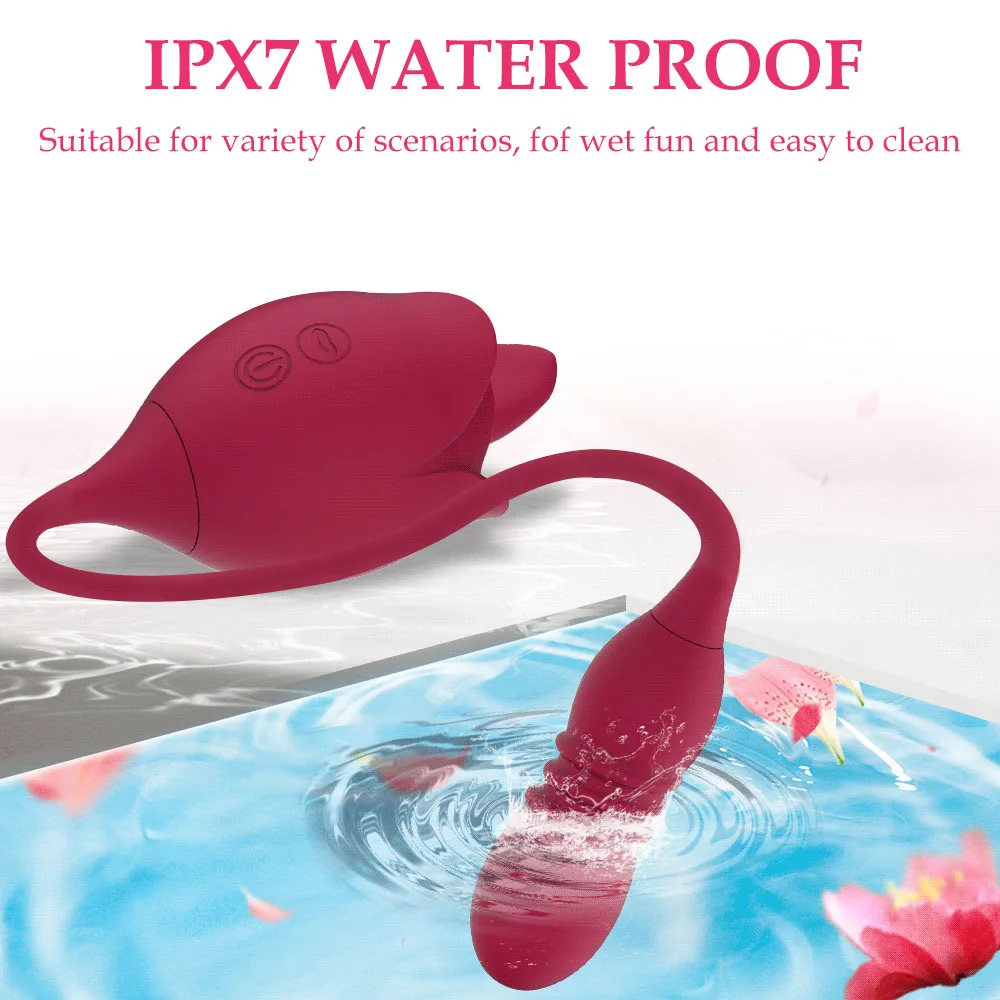 A red rose-shaped female masturbator with a licking tongue feature and a telescopic dildo attachment for dual stimulation.