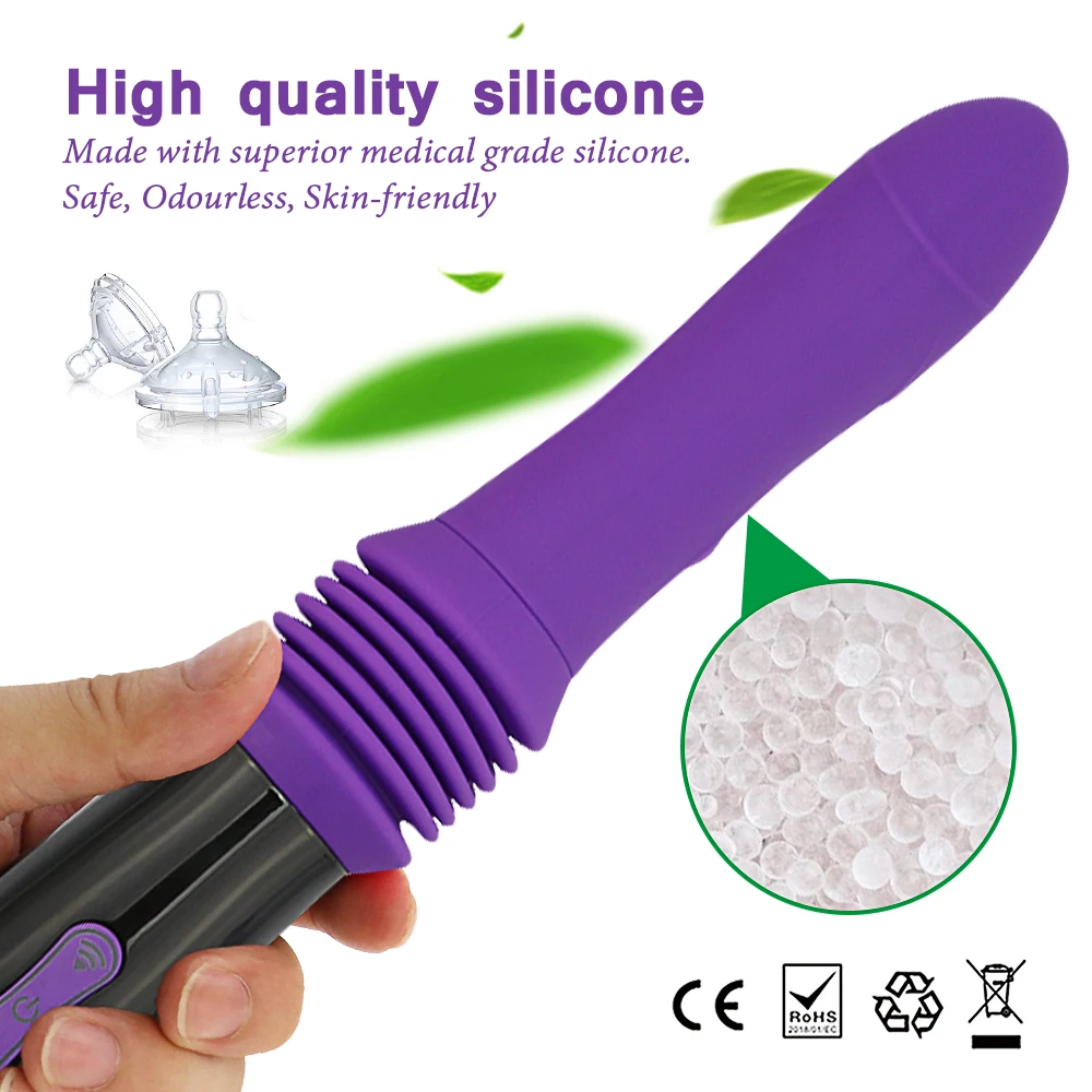 A large black automatic thrusting dildo vibrator with a wireless remote control for G-spot stimulation.