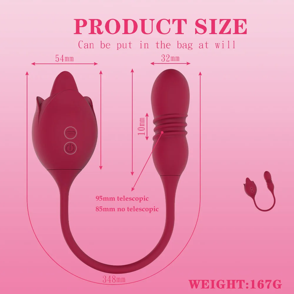 A red rose-shaped female masturbator with a licking tongue feature and a telescopic dildo attachment for dual stimulation.