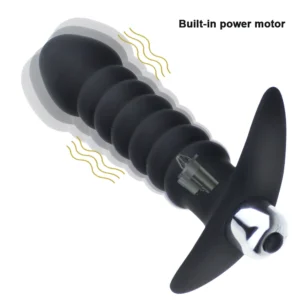 A black ergonomic vibrating prostate massage bead with a flared base and smooth stimulator texture for anal play.