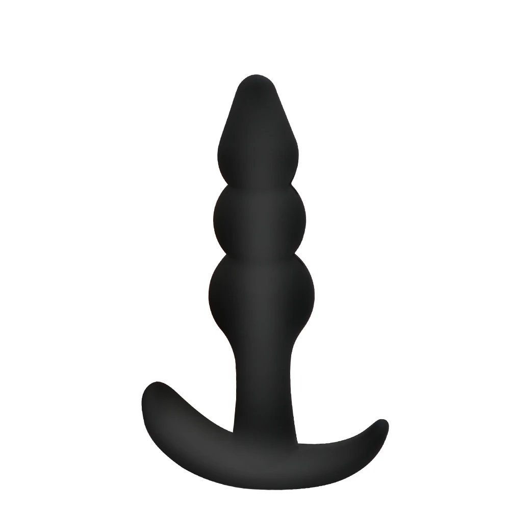 Black silicone anal beads with bullet tip and flared base for prostate massage.