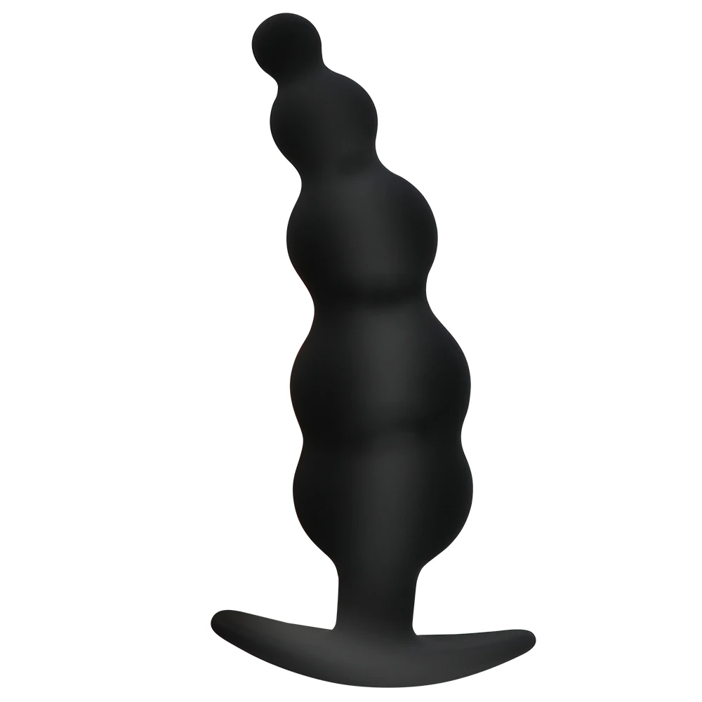 Black silicone anal beads with bullet tip and flared base for prostate massage.