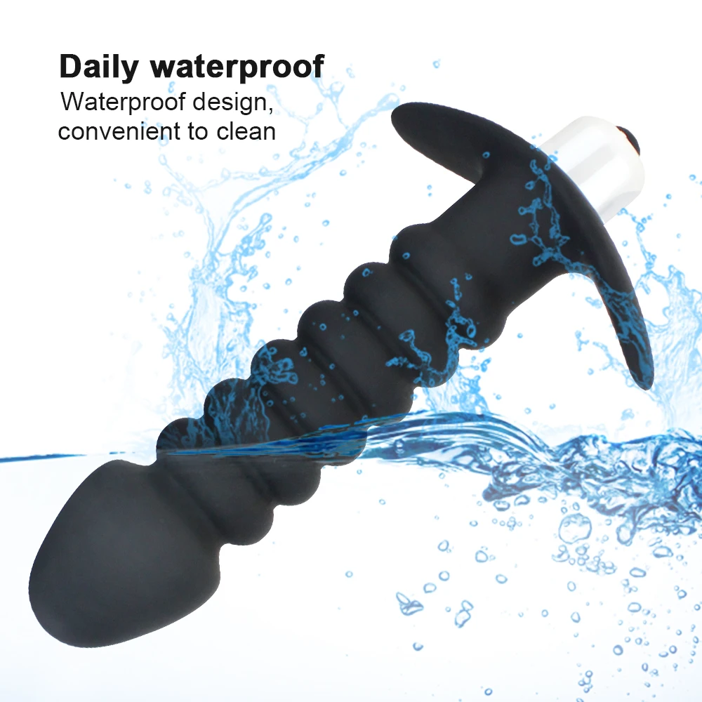 A black ergonomic vibrating prostate massage bead with a flared base and smooth stimulator texture for anal play.