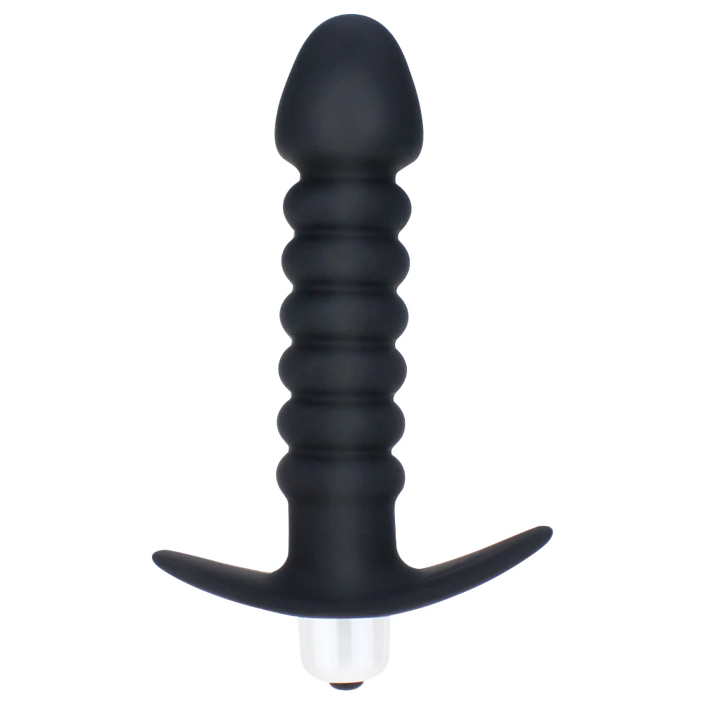 A black ergonomic vibrating prostate massage bead with a flared base and smooth stimulator texture for anal play.