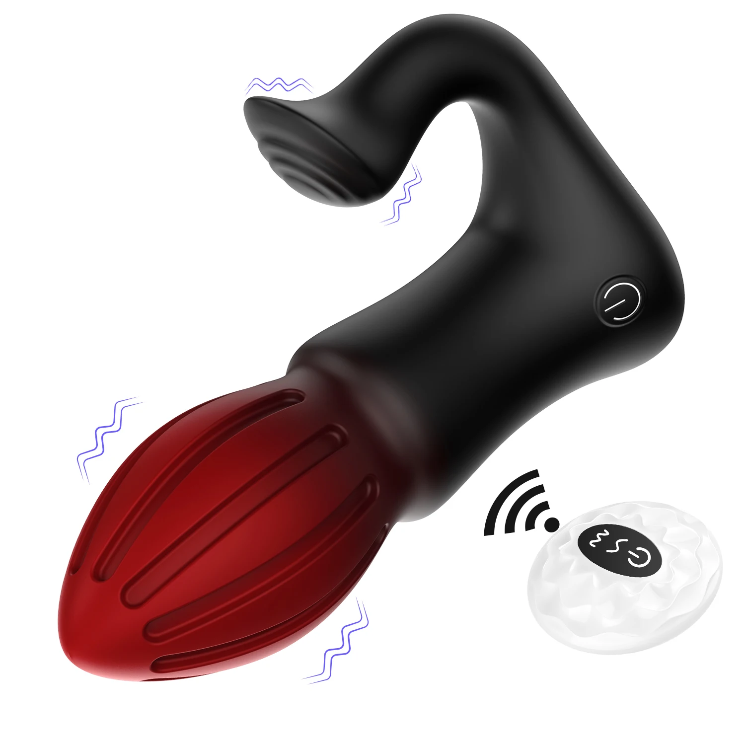 A sleek black dual-motor anal plug with a curved clitoral stimulator arm and a compact wireless remote control.