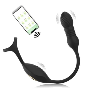 A black silicone vibrating cock ring with an attached thrusting anal prostate probe and a sleek wireless remote control.