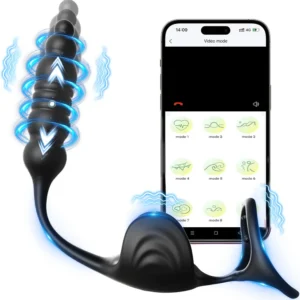 A black ergonomic thrusting prostate massager with a wireless remote control for adult male pleasure.