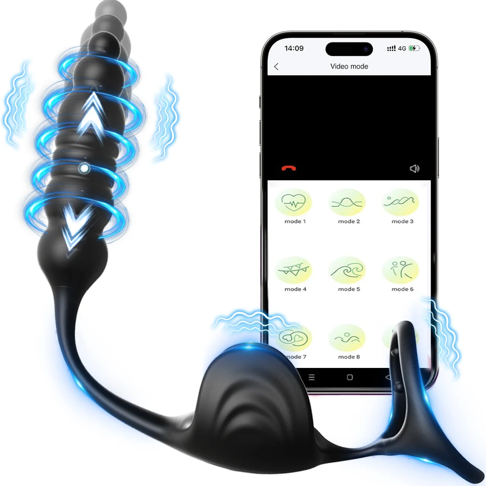 A black ergonomic thrusting prostate massager with a wireless remote control for adult male pleasure.