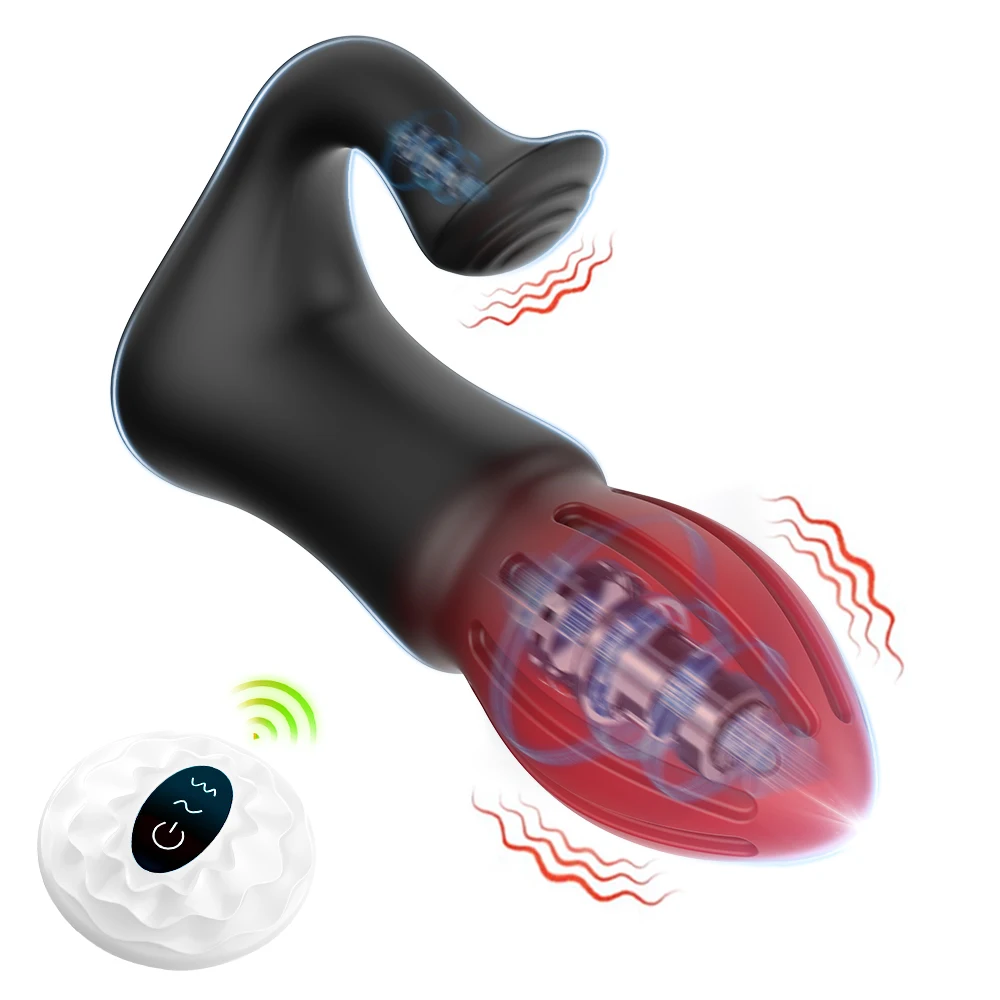 A sleek black dual-motor anal plug with a curved clitoral stimulator arm and a compact wireless remote control.