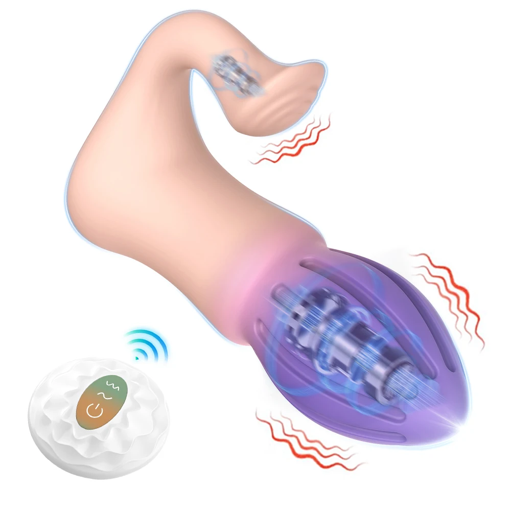 A sleek black dual-motor anal plug with a curved clitoral stimulator arm and a compact wireless remote control.