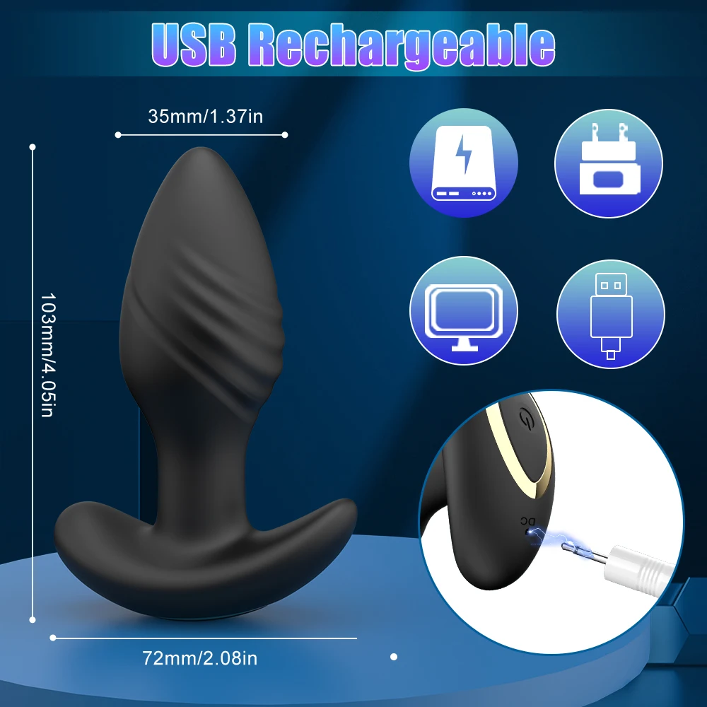 A sleek black rotating anal vibrator with a curved tip for prostate massage and a wide base for safe play.