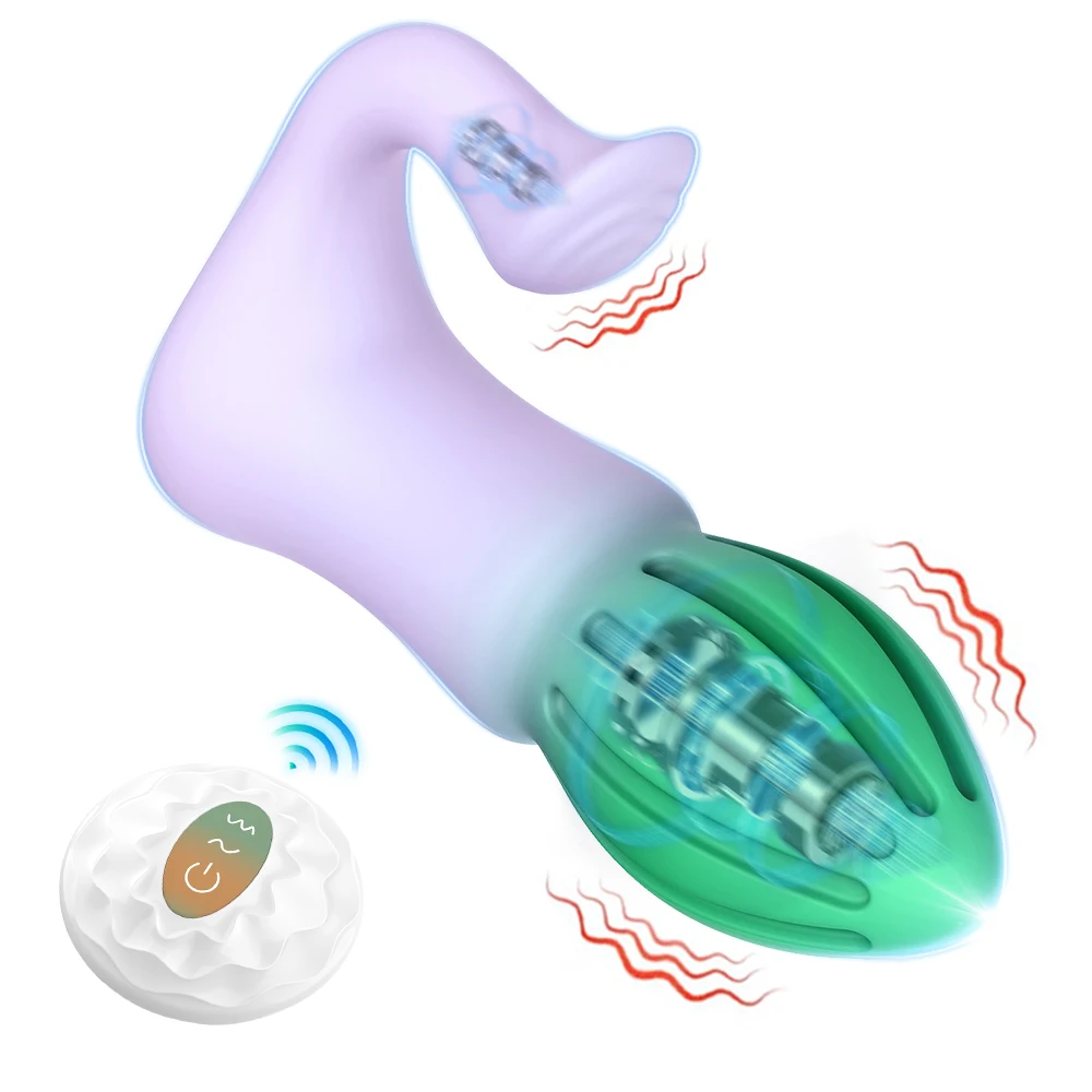 A sleek black dual-motor anal plug with a curved clitoral stimulator arm and a compact wireless remote control.