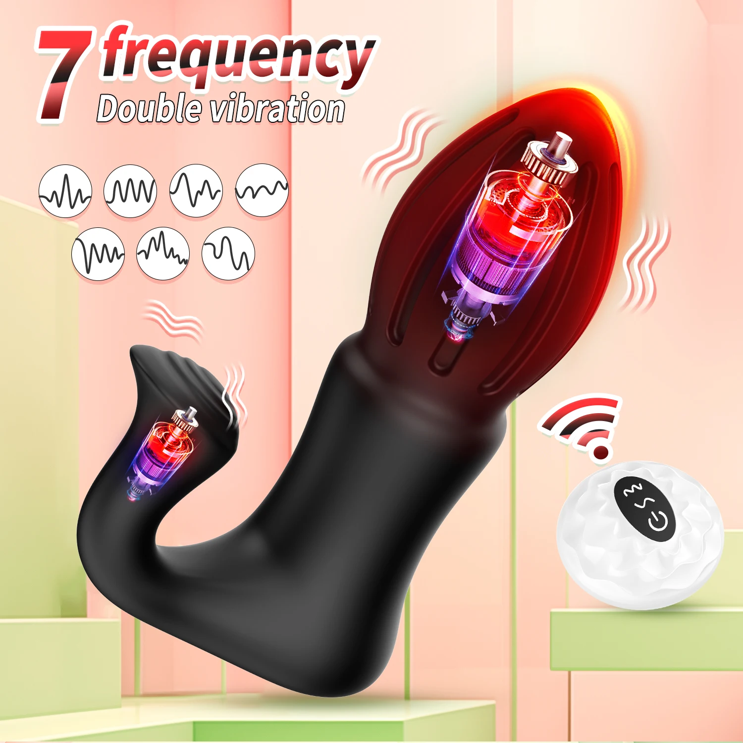 A sleek black dual-motor anal plug with a curved clitoral stimulator arm and a compact wireless remote control.