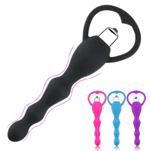 A smooth, black silicone anal vibrator with graduated beads and a sturdy base for prostate massage and couple's play.