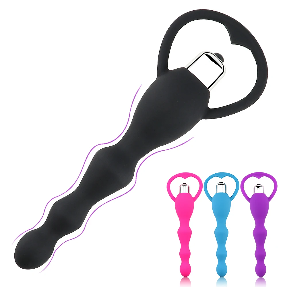 A smooth, black silicone anal vibrator with graduated beads and a sturdy base for prostate massage and couple's play.