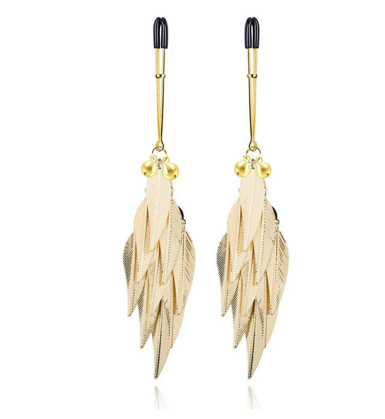 Pair of silver metal nipple clamps featuring white feather charms and small circular bells for sensory SM teasing play.