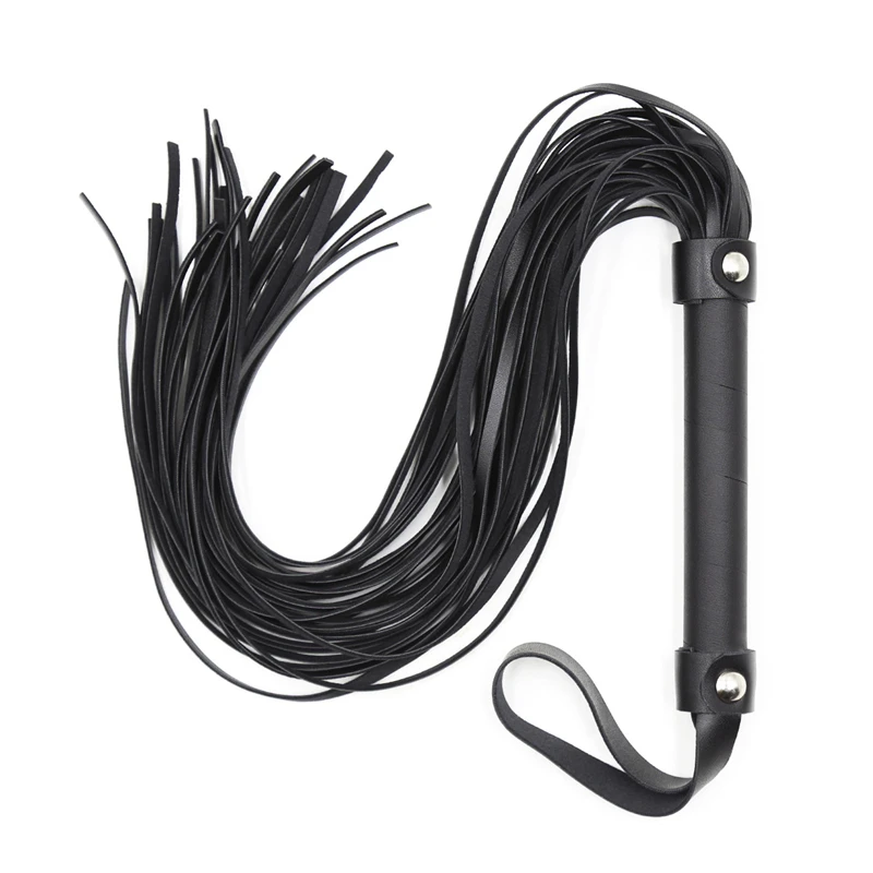 58CM black PU leather spanking whip with a detailed sword-style handle for bondage play.