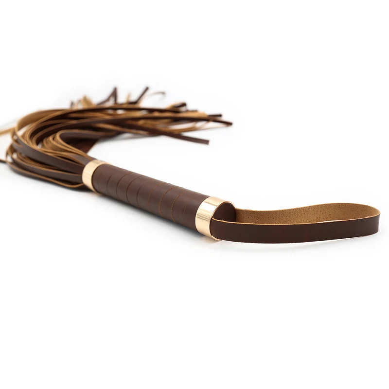 A black PU leather bondage flogger with long tassels and a textured handle for adult couples' games.