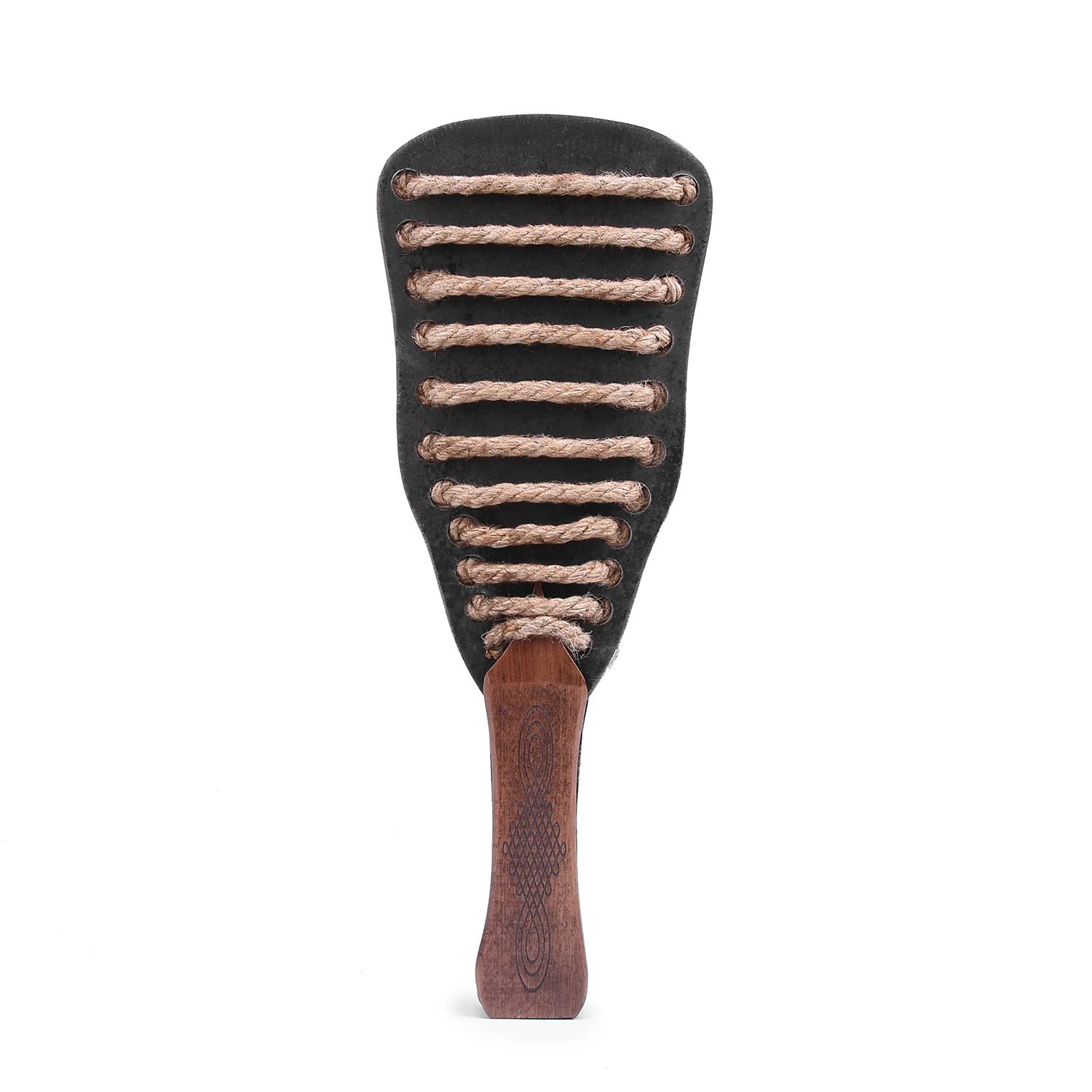 A professional iron plate BDSM spanking paddle alongside a textured hemp rope bondage whip for adult sensory play.