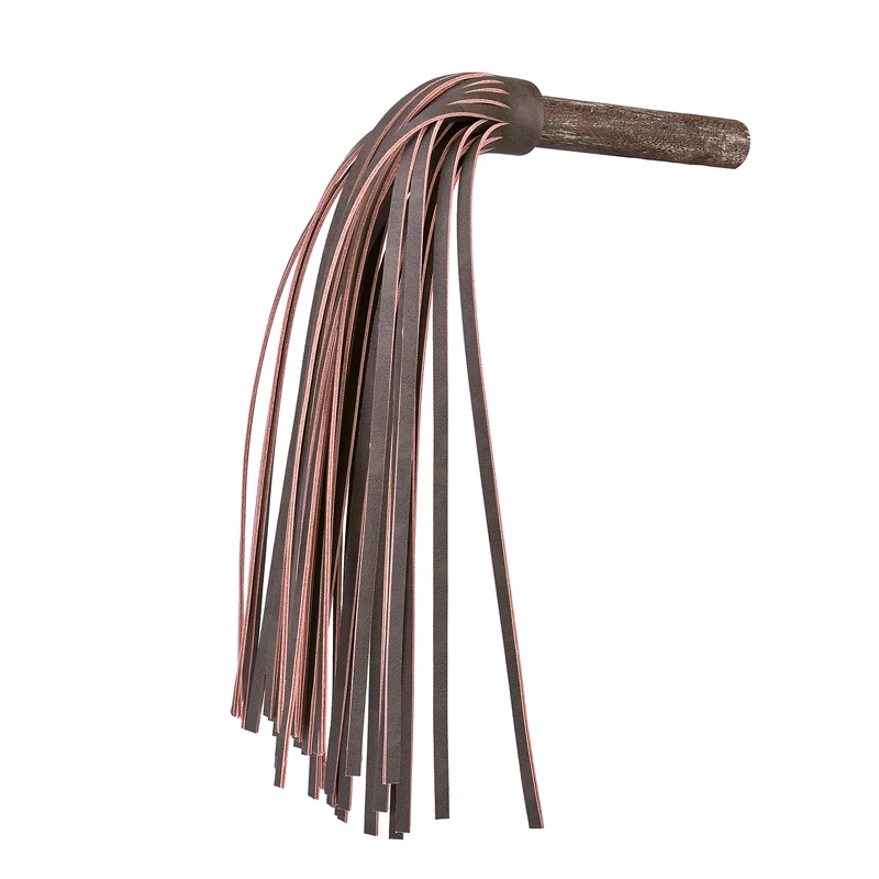 Leather spanking whip with a vintage-style wooden handle and long black leather tassels for adult flirting and sensory play.
