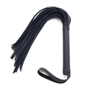 A 55cm black PU leather handmade whip with a braided handle and flat flogger tip for adult games.